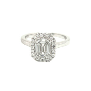 0.68ct Emerald & Round Brilliant Cut Diamond Halo Cluster Ring