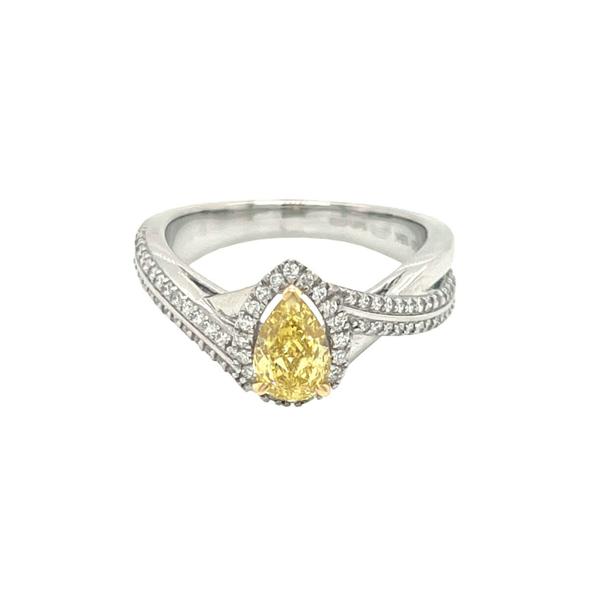 0.66ct Pear Shaped Fancy Yellow & Round Brilliant Cut Diamond Halo Ring