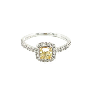0.57ct Cushion Cut Yellow Diamond & Round Brilliant Cut Diamond Cluster Ring