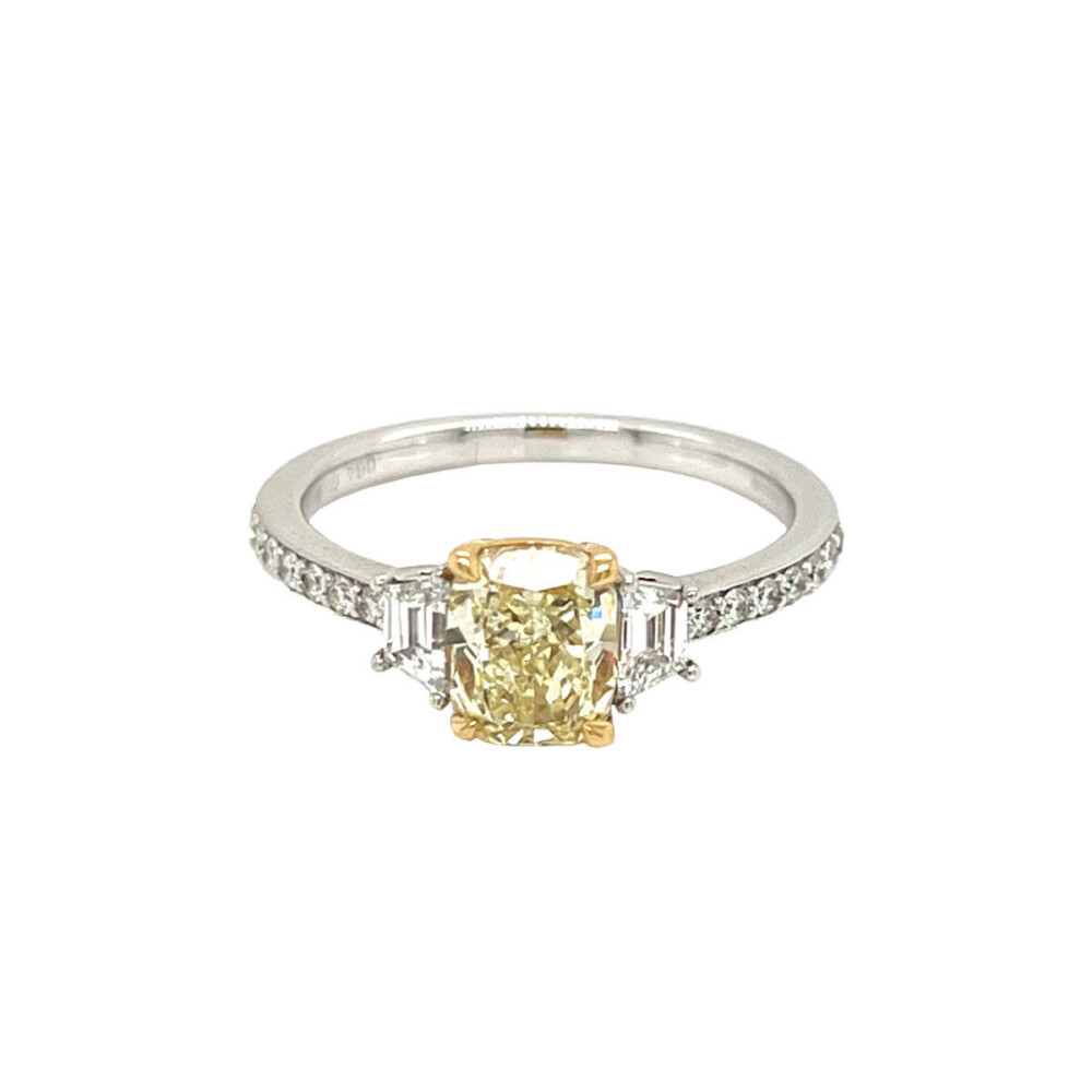 1.22ct Cushion Cut Yellow Diamond & Trapeze Cut Diamond Trilogy Ring