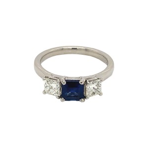 0.88ct Square Sapphire & Princess Cut Diamond Trilogy Ring