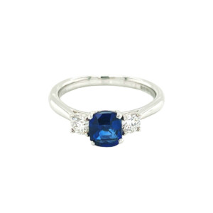 1.11ct Cushion Cut Sapphire & Round Brilliant Cut Diamond Trilogy Ring