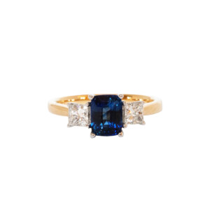 1.35ct Cushion Cut Sapphire & Princess Cut Diamond Trilogy Ring
