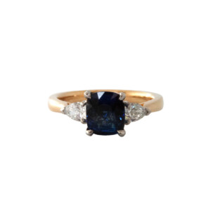 1.55ct Cushion Cut Sapphire & Pear Shaped Diamond Trilogy Ring