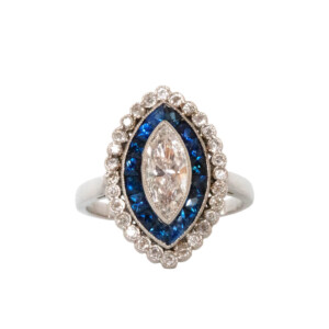 Marquise & Round Brilliant Shaped Diamond & Calibrated Square Sapphire Cluster Ring
