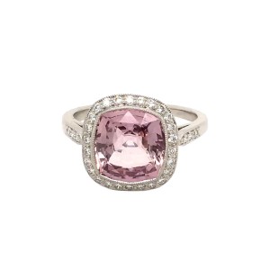4.13ct Pink Cushion Cut Sapphire & Diamond Halo Cluster Ring