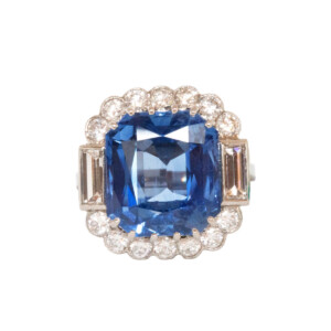 11.72ct Emerald Cut Sapphire & Round Brilliant Cut Diamond Cluster Ring