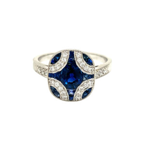 1.40ct Sapphire & Round Brilliant Cut Diamond Art Dec Style Cluster Ring