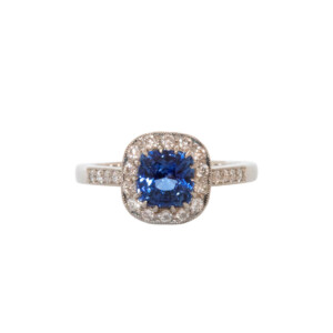1.57ct Cushion Cut Sapphire & Round Brilliant Cut Diamond Cluster Ring