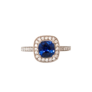 1.53ct Cushion Cut Sapphire & Round Brilliant Cut Diamond Cluster Ring