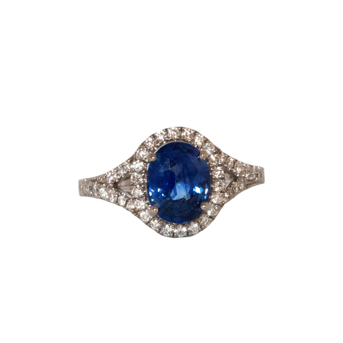 2.16ct Oval Sapphire Round Brilliant Cut Diamond Halo Cluster Ring
