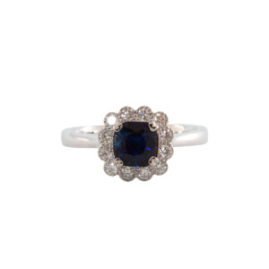 1.05ct Cushion Cut Sapphire & Round Brilliant Cut Diamond Cluster Ring