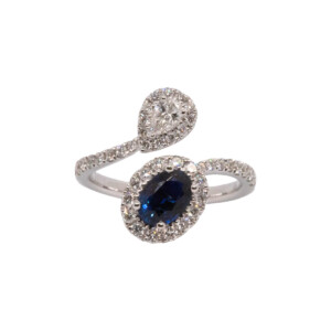 0.88ct Oval Sapphire & Pear Shaped Diamond Double Cluster Ring