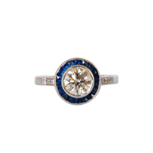 1.00ct Round Brilliant Cut Diamond & Calibre Cut Sapphire Cluster Ring