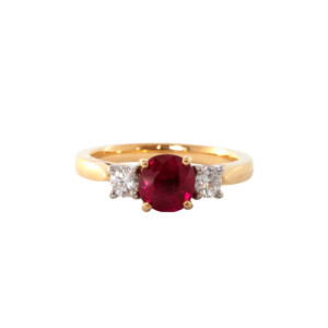 1.31ct Cushion Cut Ruby & Round Brilliant Cut Diamond Trilogy Ring