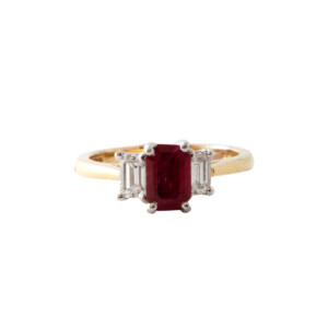 0.83ct Emerald Cut Ruby & Emerald Cut Diamond Trilogy Ring