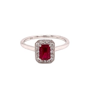 0.75ct Emerald Cut Ruby & Diamond Halo Cluster Ring