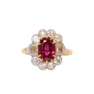 2.18ct Oval Ruby, Emerald Cut & Round Brilliant Cut Diamond Cluster Ring