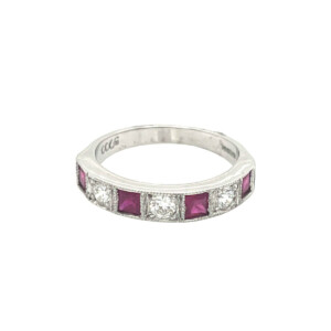 0.60ct Square Cut Ruby & Round Brilliant Cut Diamond Half Eternity Ring