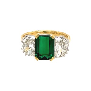 2.44ct Emerald Cut Emerald & Diamond Trilogy Ring