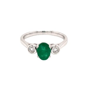 0.70ct Oval Emerald & Round Brilliant Cut Diamond Trilogy Ring