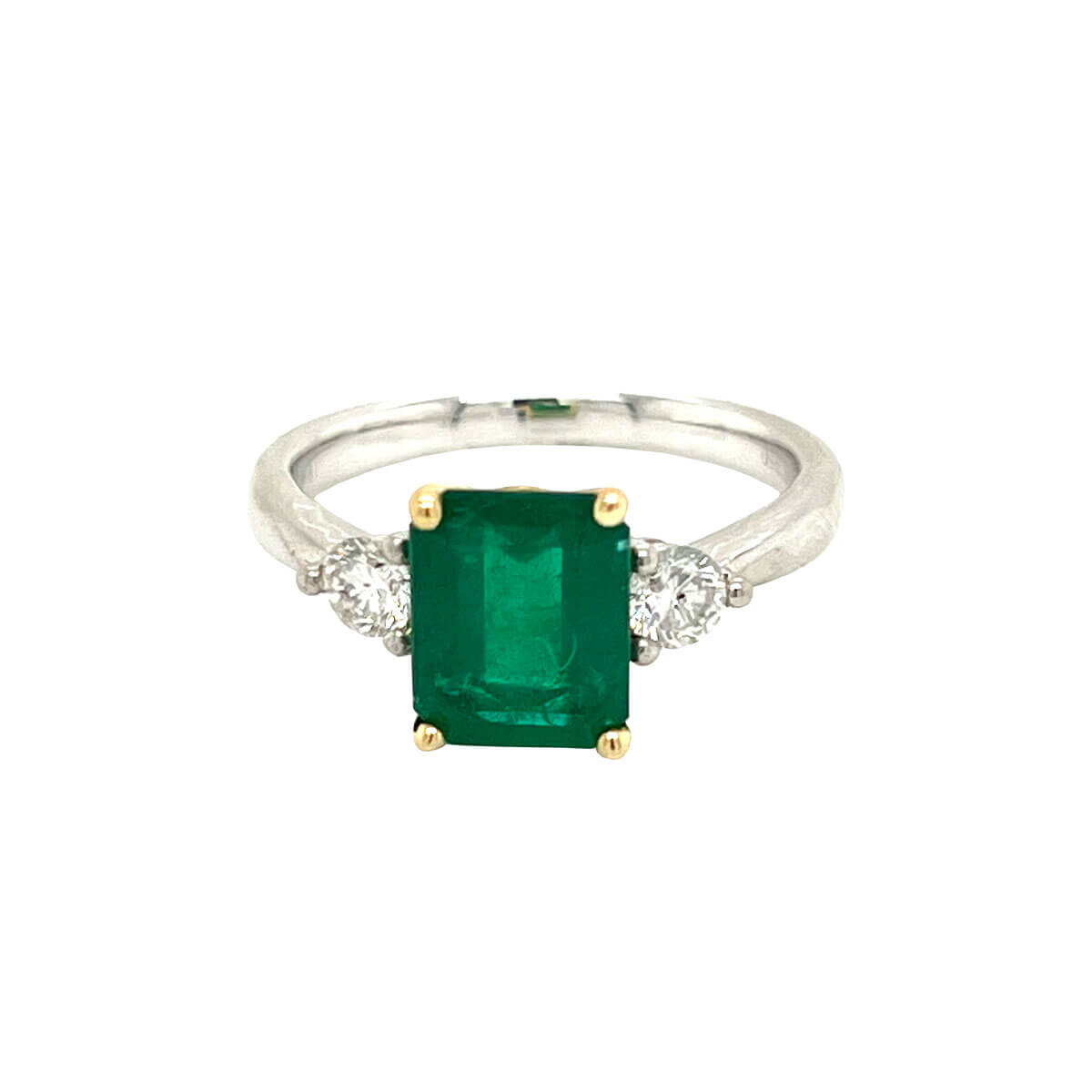 1.90ct Emerald Cut Emerald & Round Brilliant Cut Diamond Trilogy Ring