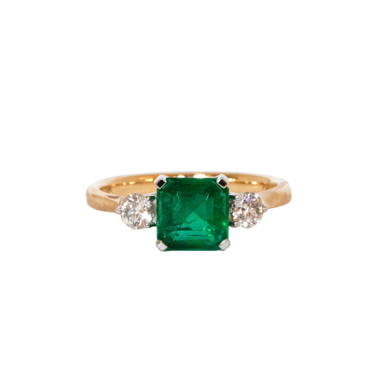 1.36ct Emerald Cut Emerald Round Brilliant Cut Diamond Trilogy Ring