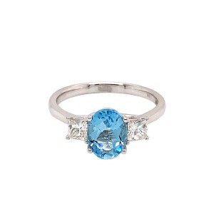 1.24ct Oval Aquamarine & Princess Cut Diamond Trilogy Ring
