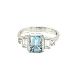 1.40ct Emerald Cut Aquamarine & Diamond Art Deco Style Ring