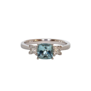 0.89ct Cushion Cut Aquamarine & Princess Cut Diamond Trilogy Ring