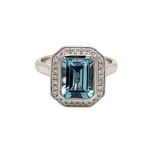 2.09ct Emerald Cut Aquamarine & Diamond Cluster Ring