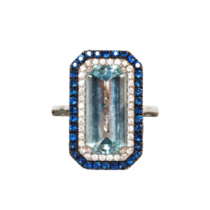 3.63ct Octagonal Cut Aquamarine, Round Diamond & Sapphire Cluster Ring