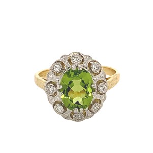 1.97ct Oval Peridot & Diamond Cluster Halo Ring