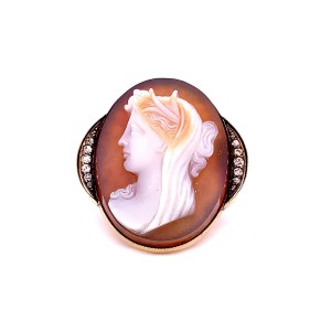 15ct Yellow Gold Cameo Diamond Brooch