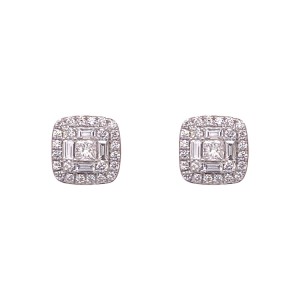 1.09ct Round, Baguette & Princess Cut Diamond Cluster Earrings