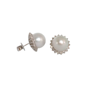 2.21ct Round Brilliant Cut Diamond & Freshwater Pearl Cluster Stud Earrings