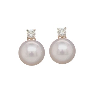 18ct White Gold Cultured Pearl & Round Brilliant Cut Diamond Stud Earrings