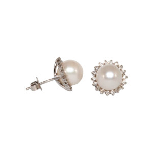 0.34ct Round Brilliant Cut Diamond & Freshwater Pearl Cluster Stud Earrings