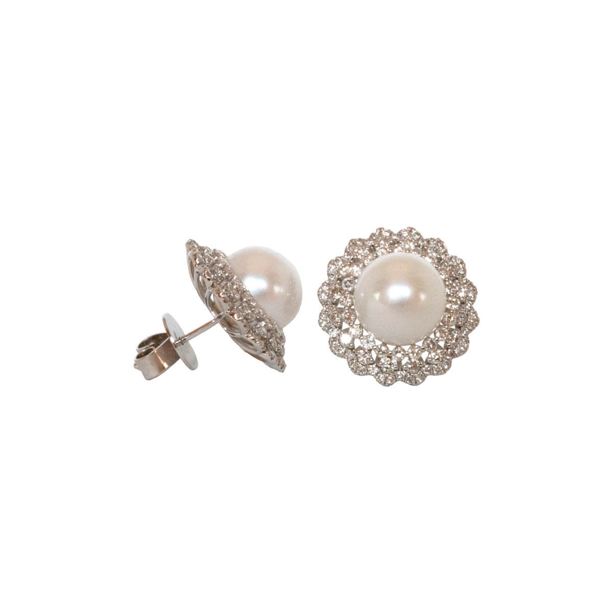 1.59ct Round Brilliant Cut Diamond & Pearl Cluster Stud Earrings