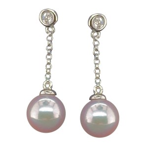 18ct White Gold Cultured Pearl & Round Brilliant Cut Diamond Drop Earrings