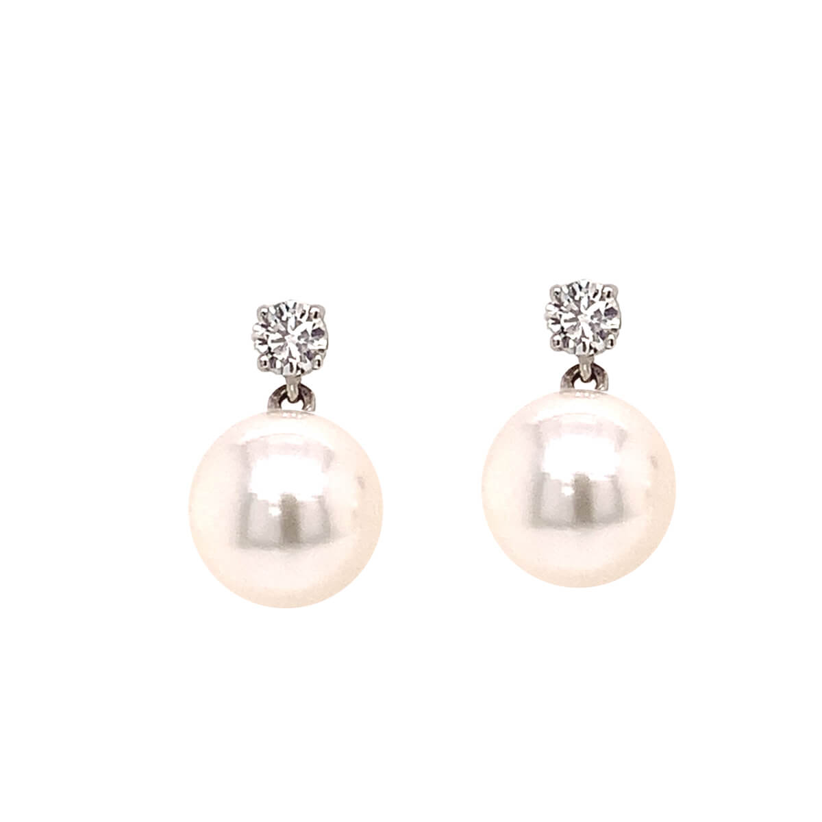 18ct White Gold Cultured Pearl & Round Brilliant Cut Diamond Drop Earrings