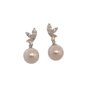 0.30ct Marquise Cut Diamond & Akoya Pearl Drop Earrings