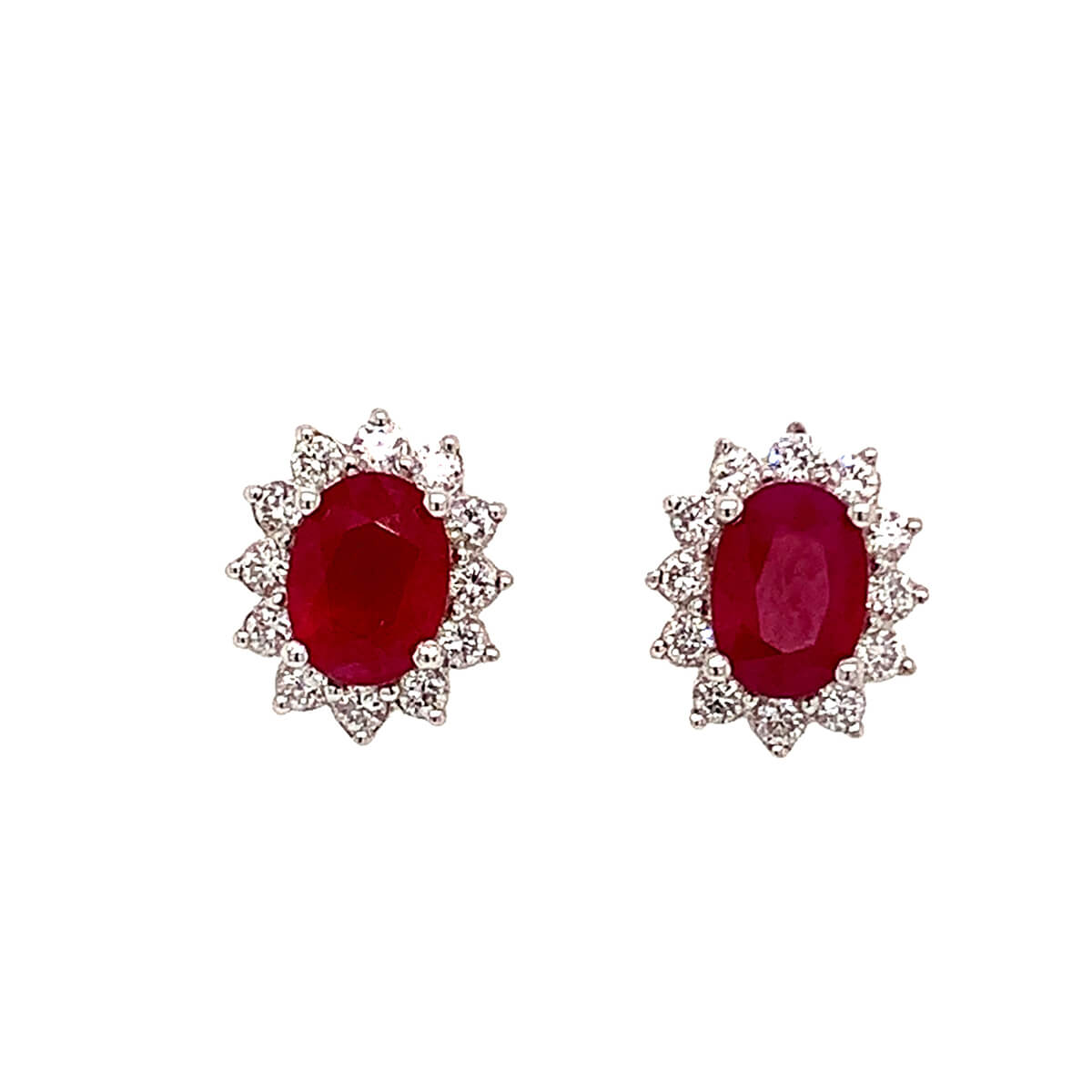 18ct White Gold, Oval Shaped Ruby & Diamond Cluster Earrings