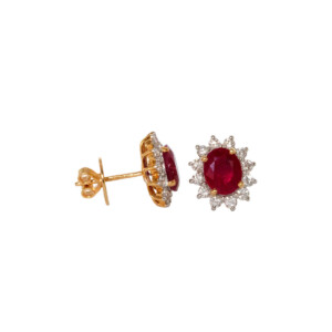 3.78ct Oval Ruby & Round Brilliant Cut Diamond Cluster Stud Earrings