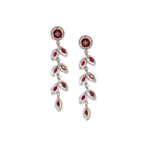 2.59ct Marquise cut Ruby & Round Brilliant Cut Diamond Long Cluster Earrings
