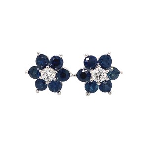1.95ct Round Sapphire & Round Brilliant Cut Diamond Flower Cluster Earrings