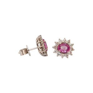 2.23ct Oval Pink Sapphire & Round Brilliant Cut Diamond Cluster Stud Earrings