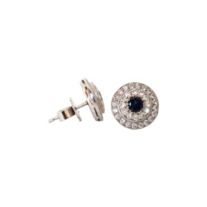 Round Sapphire & Round Brilliant Cut Diamond Cluster Stud Earrings