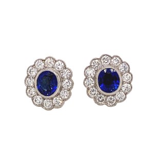 2.00ct Oval Sapphire & Round Brilliant Cut Diamond Cluster Earrings