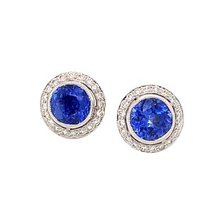 2.23ct Round Sapphire & Round Brilliant Cut Diamond Halo Stud Earrings